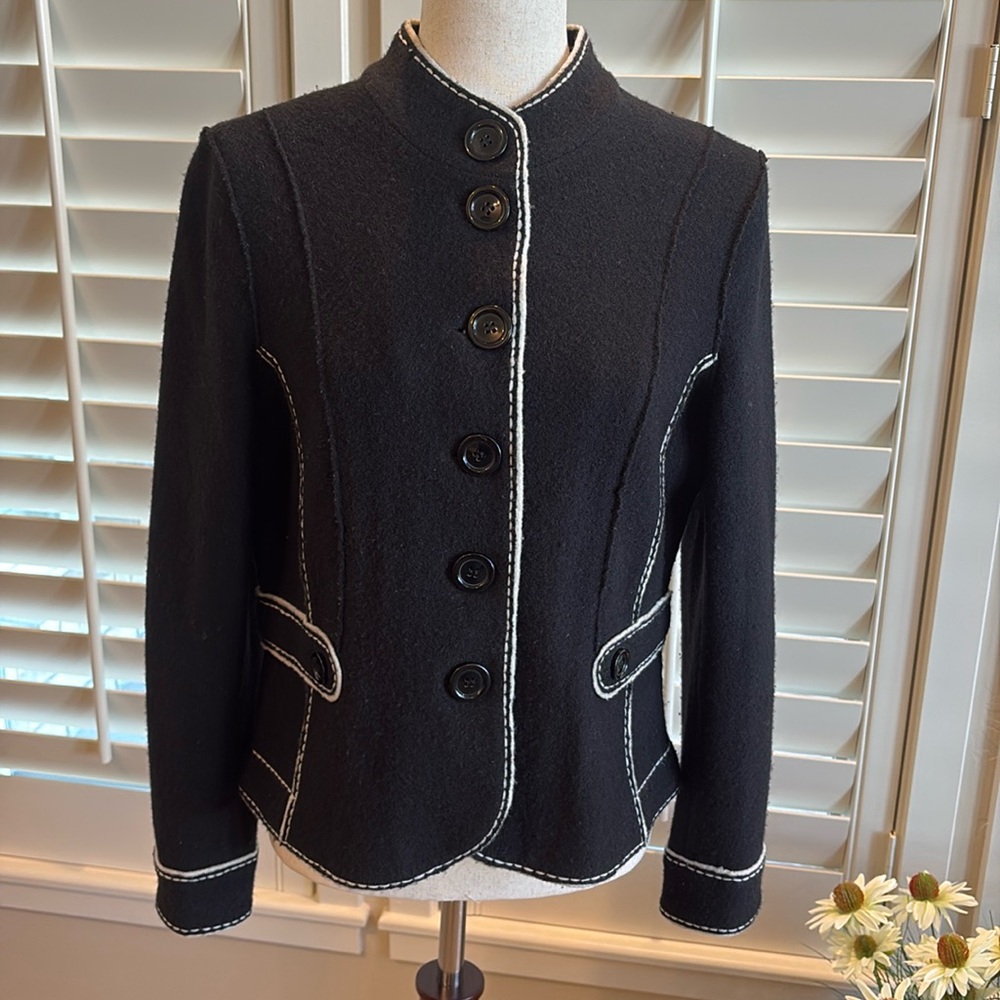 Talbots Broiled Wool Jacket, Black with Cream Contrast, Size Small